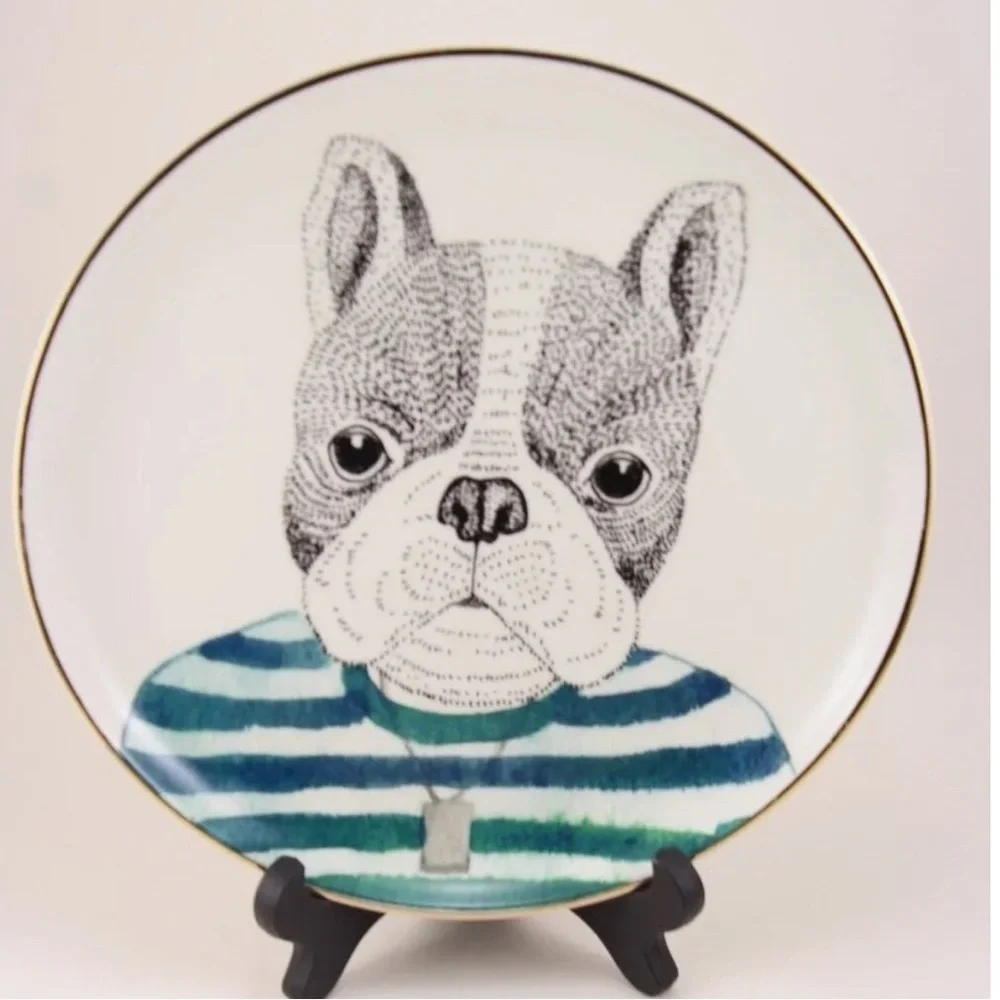 PIER 1 Book Club FRENCH BULLDOG Fine China Salad Plates Gold Trim Set/2